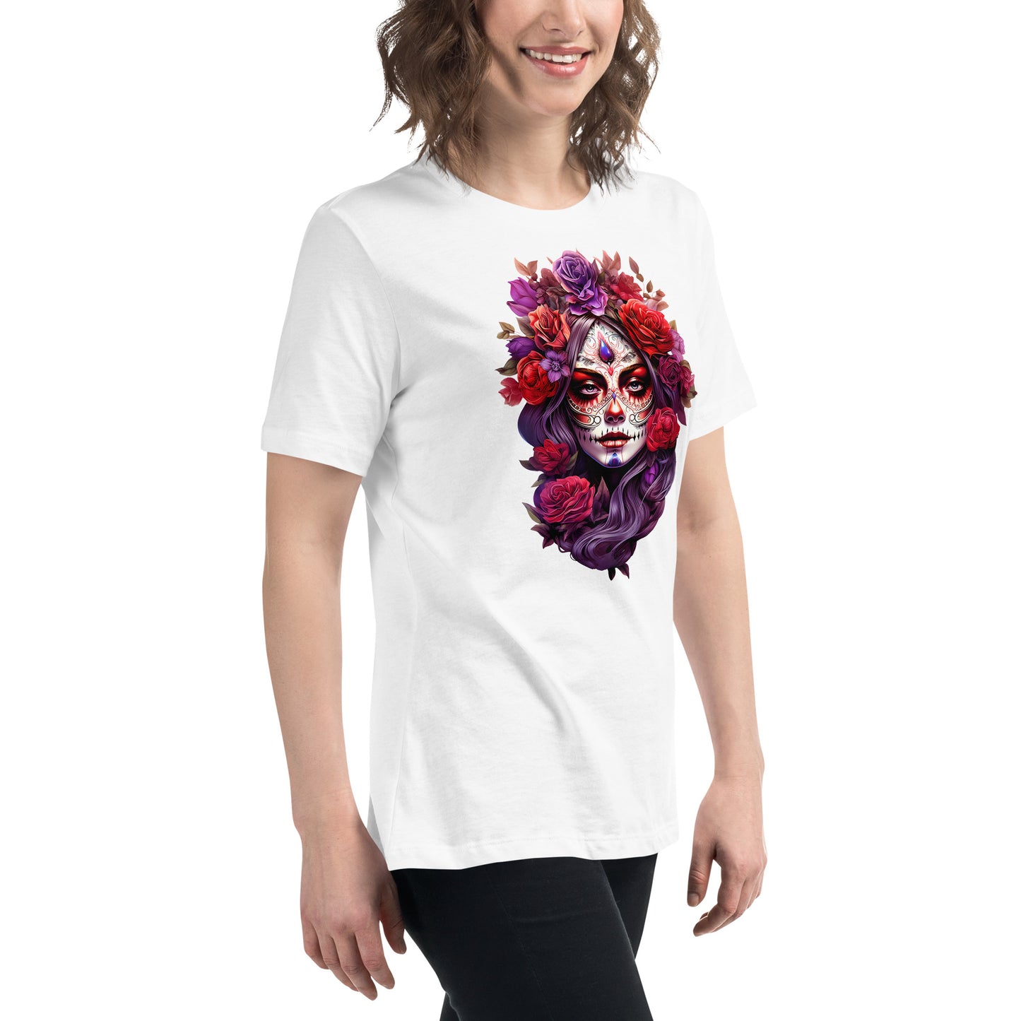 La Catrina Sugar Skull Purple Flower Women T-Shirt